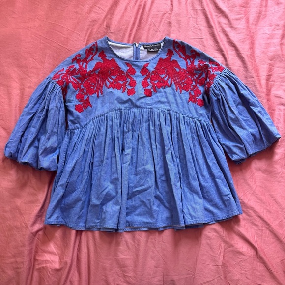 Hemant & Nandita Lianna Bubble Sleeve Embroidered Top Red Blue XS - Picture 5 of 7